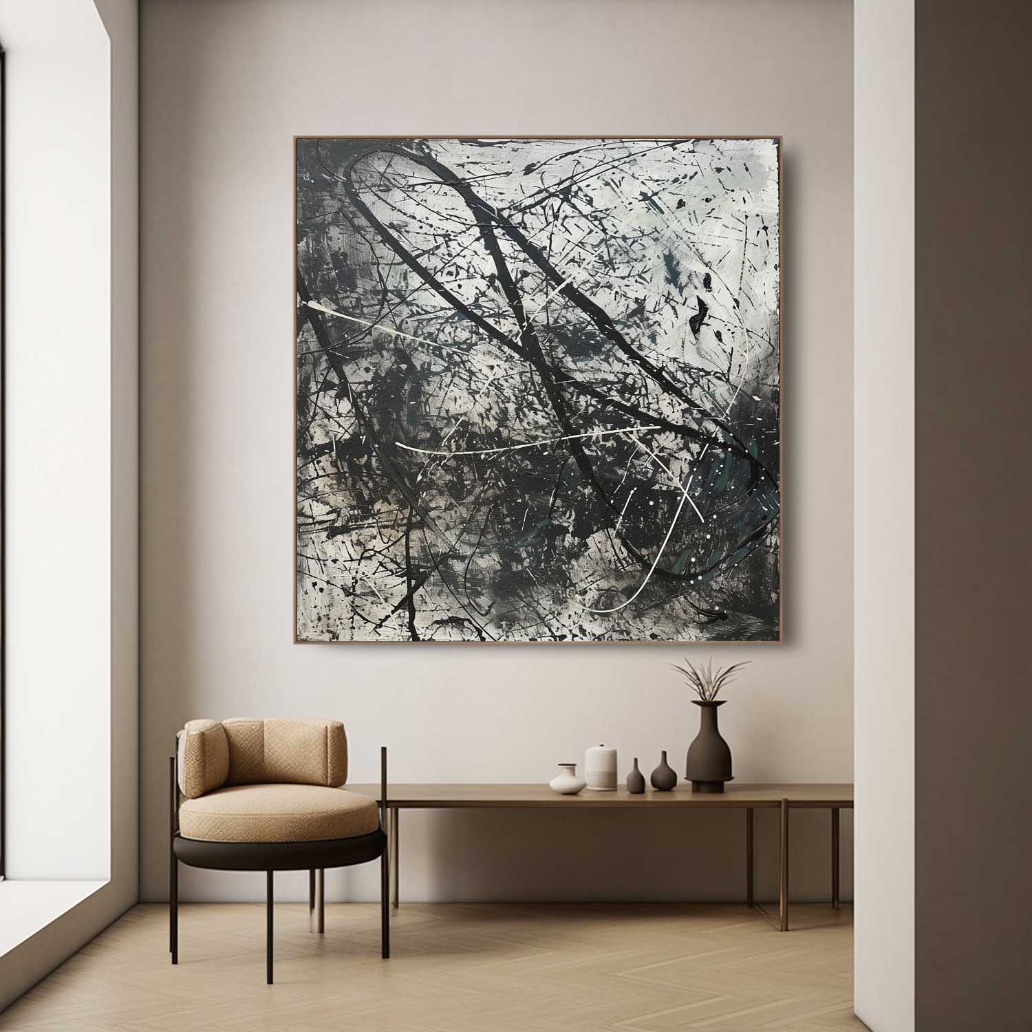 Expressionist Textured Splatter Oil Painting Black White Dynamic