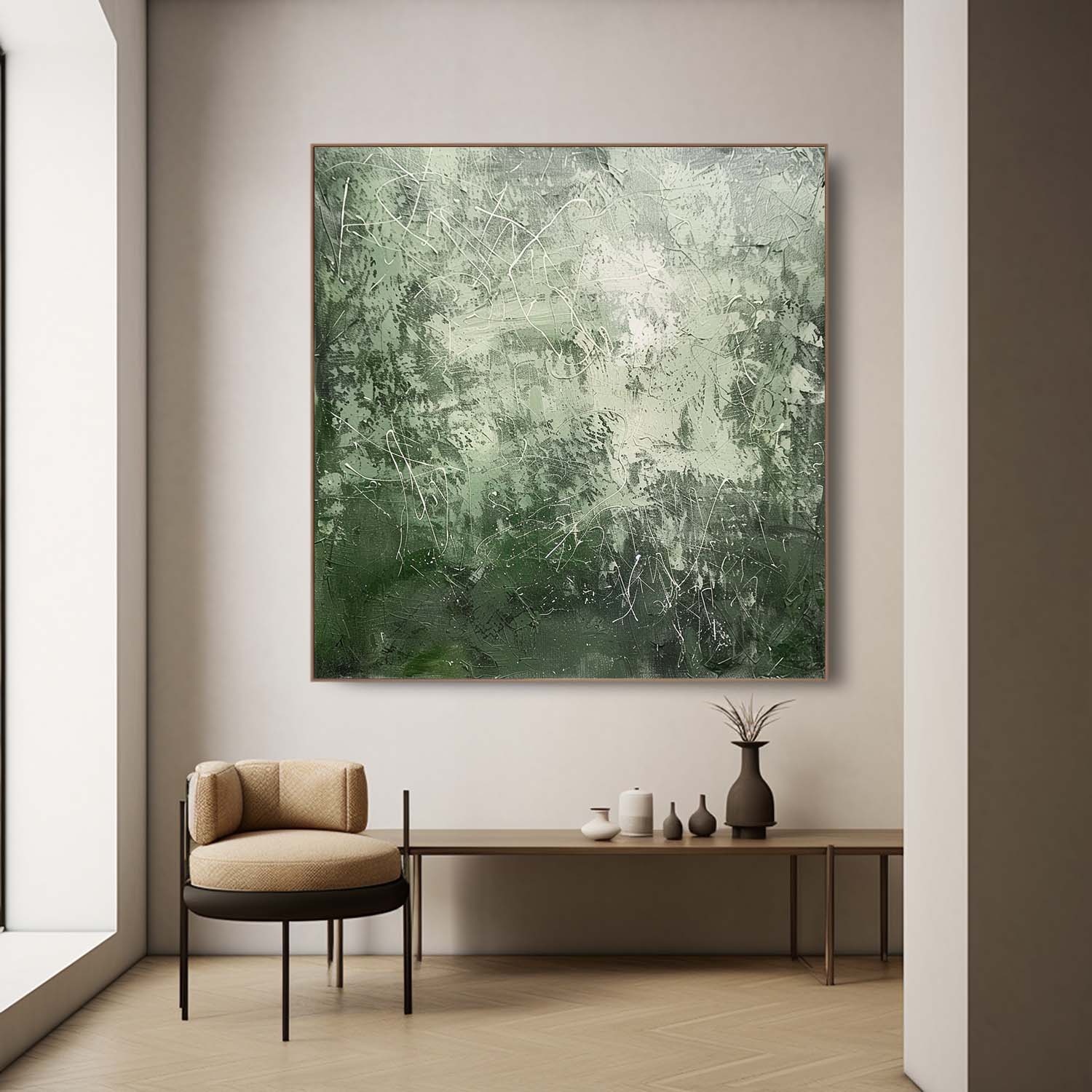Expressionist Tactile Sage Green Oil Painting White Line Calm