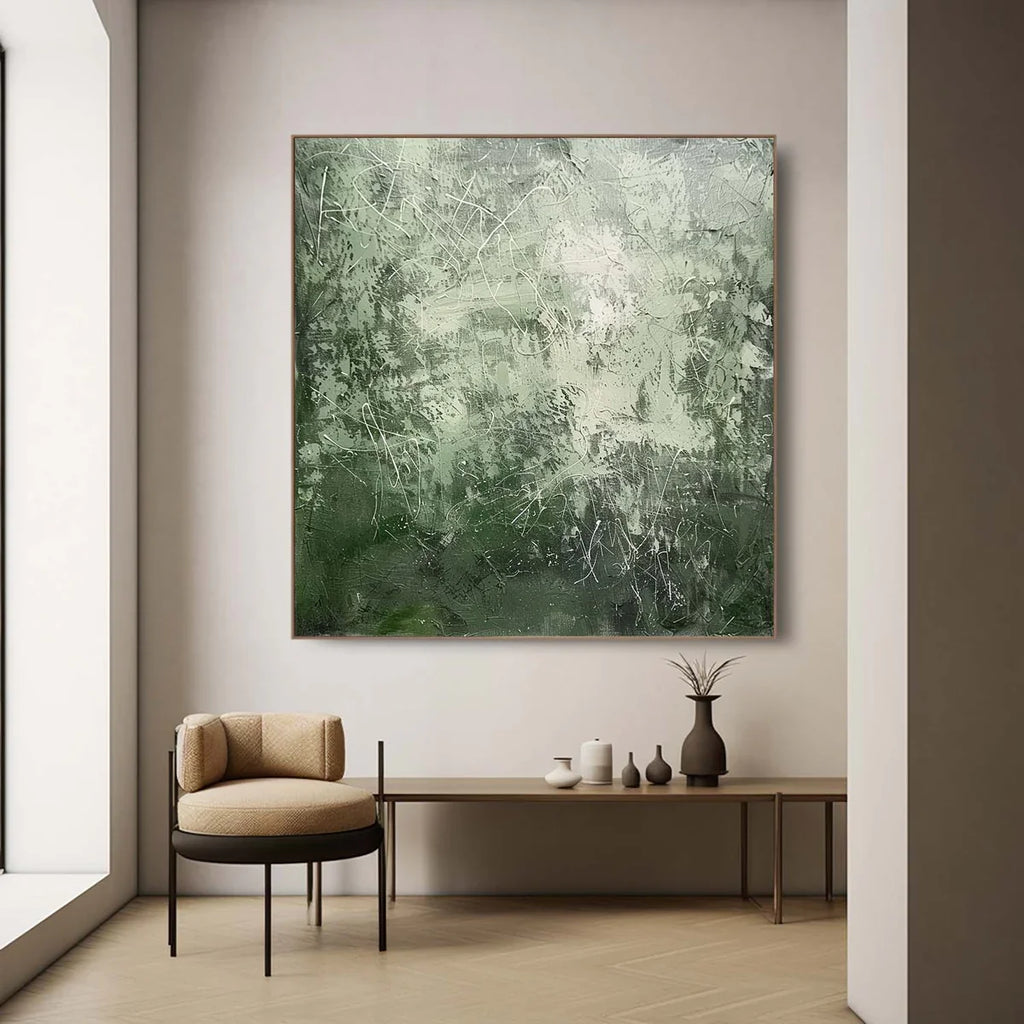 Expressionist Tactile Sage Green Oil Painting White Line Calm