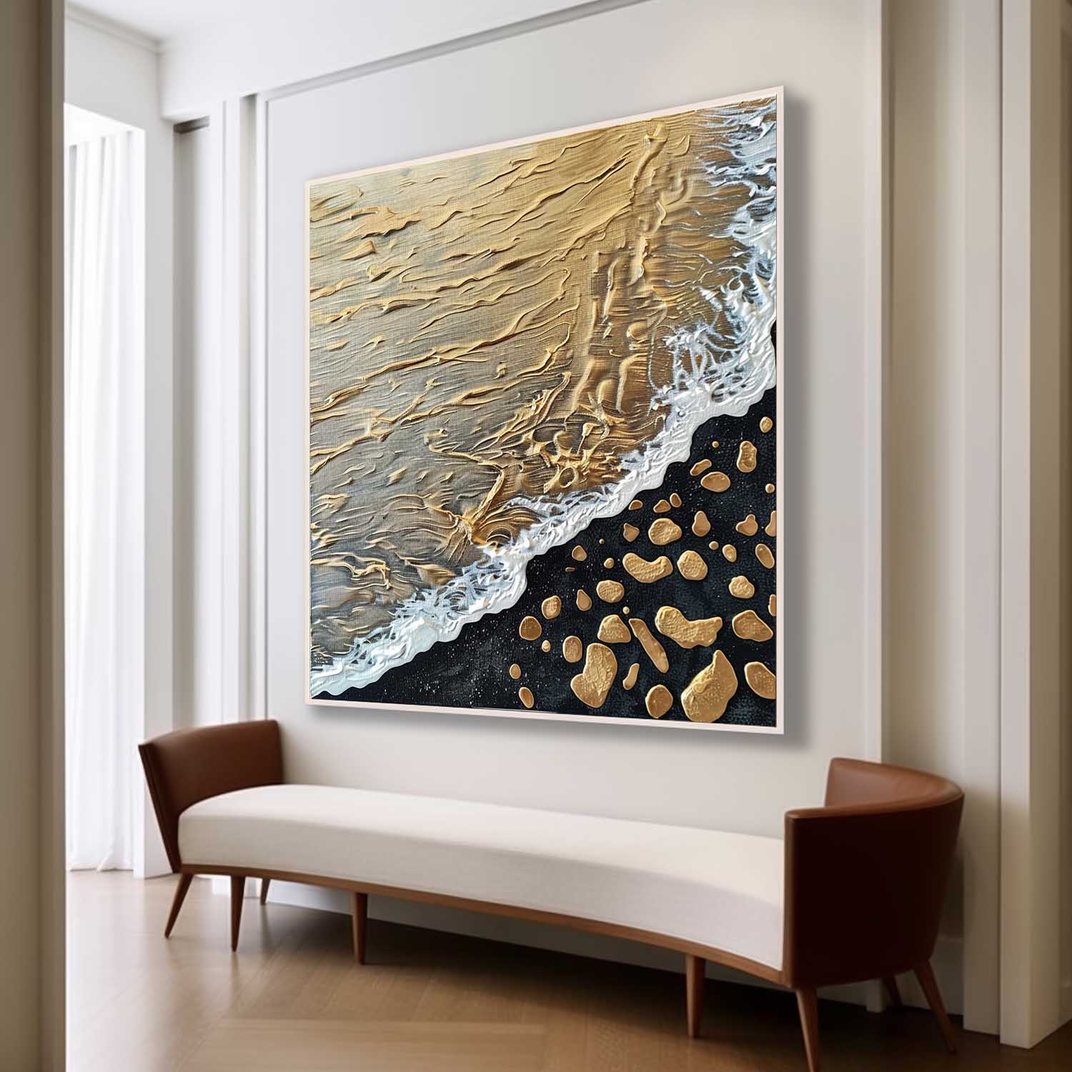 Golden Coastal Wave Oil Painting