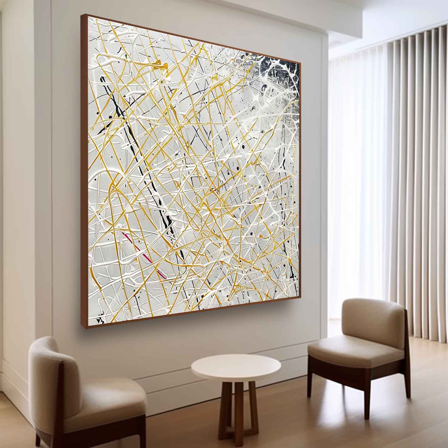 Gold Line Oil Painting Neutral Background Luxe