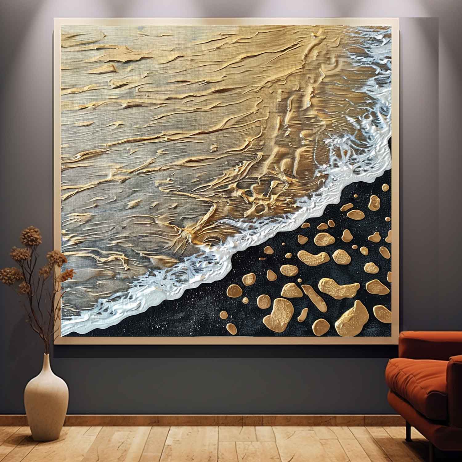 Golden Coastal Wave Oil Painting