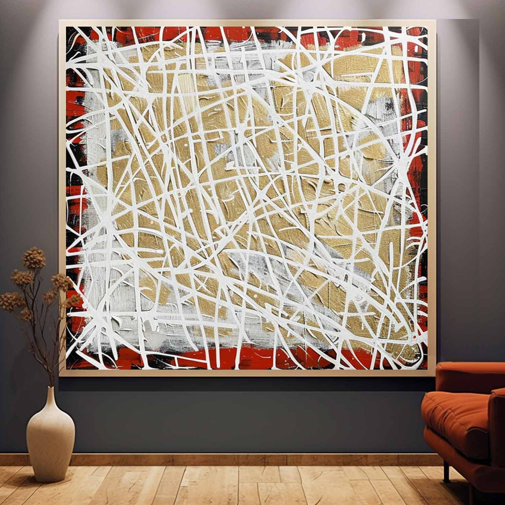 Tactile Red Gold Oil Painting White Web-Lines Luxe