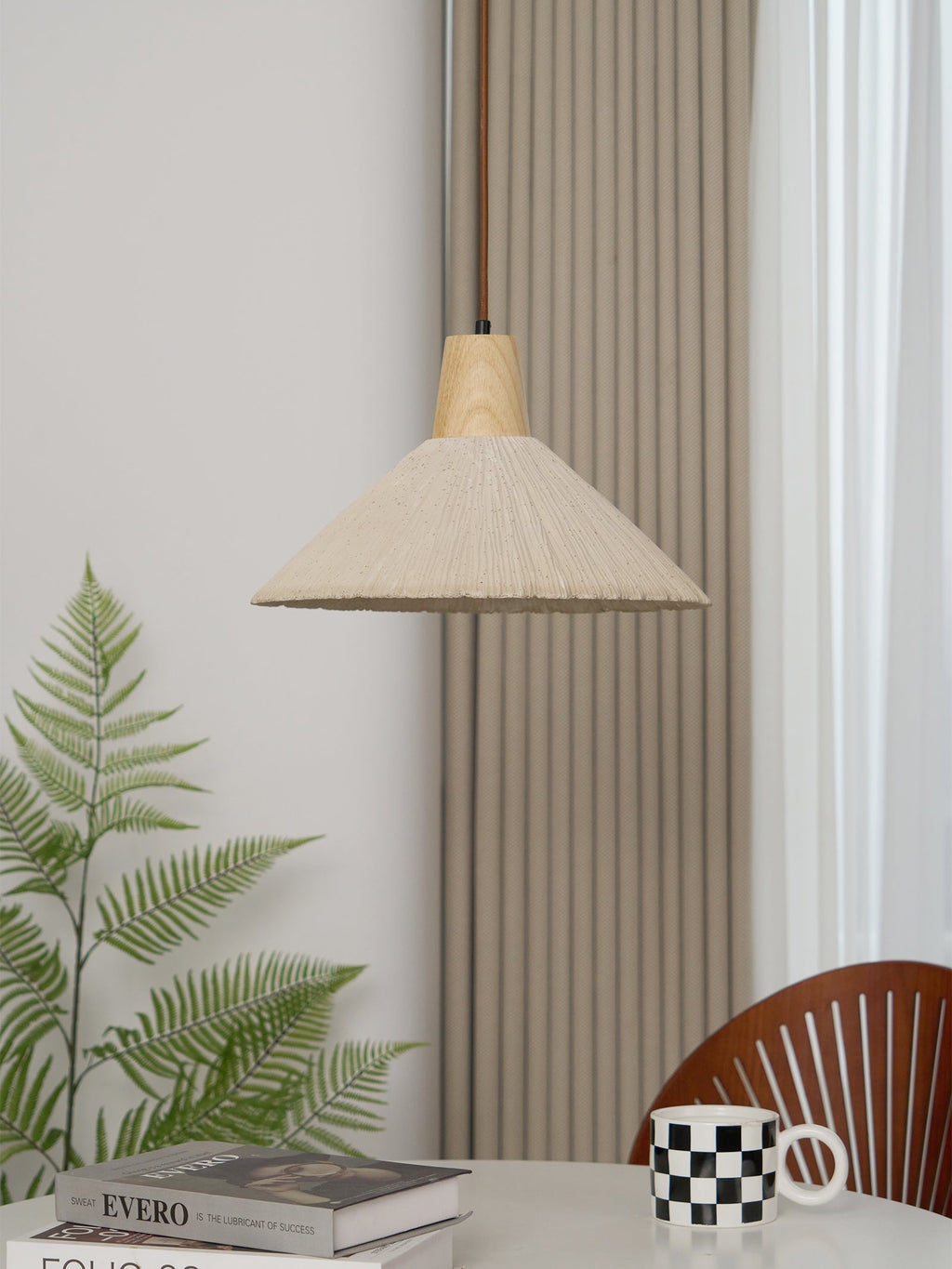 Pendant Lamp Wood Top Textured Cement Shade Grey Natural Japandi