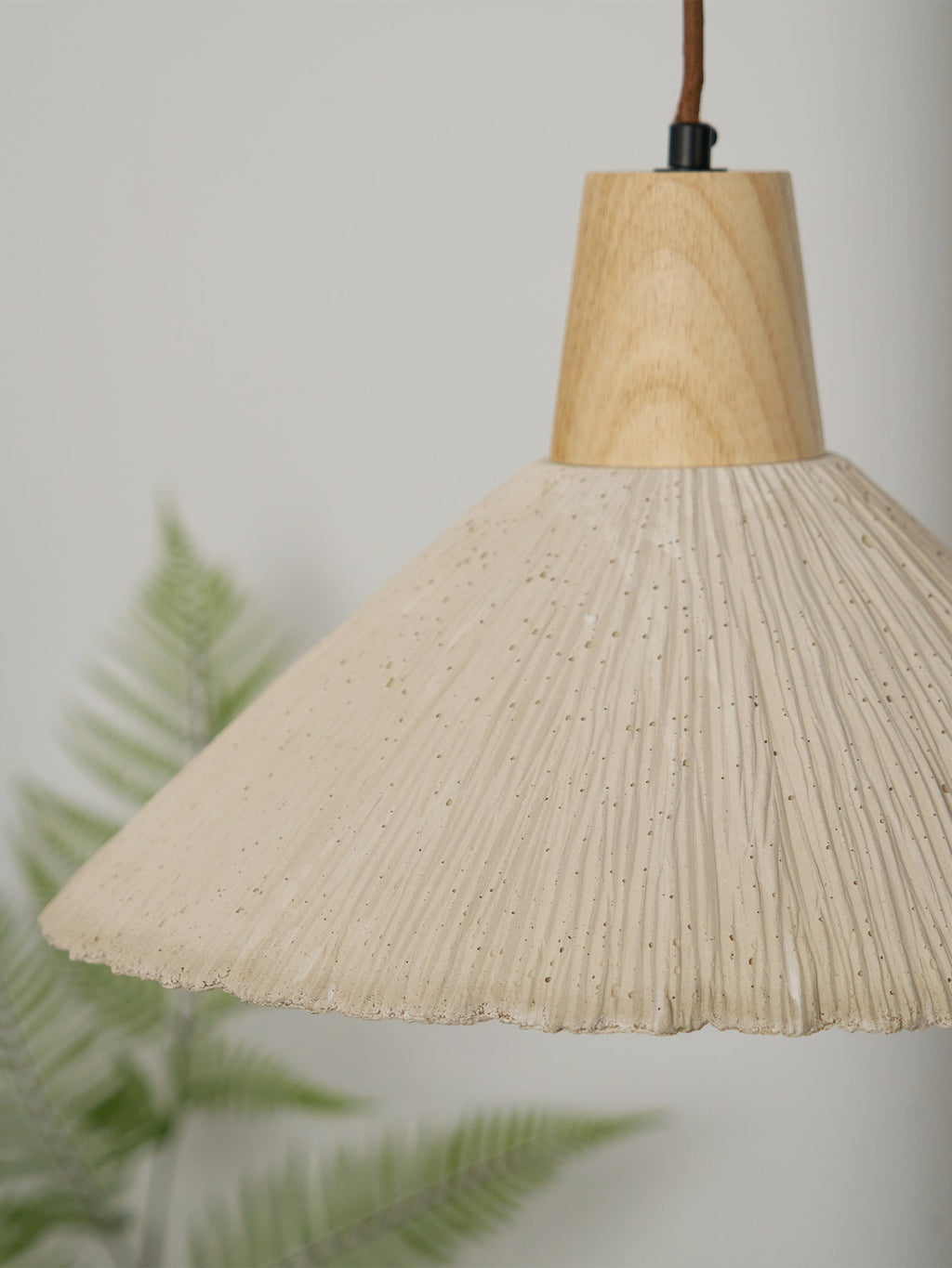 Pendant Lamp Wood Top Textured Cement Shade Grey Natural Japandi