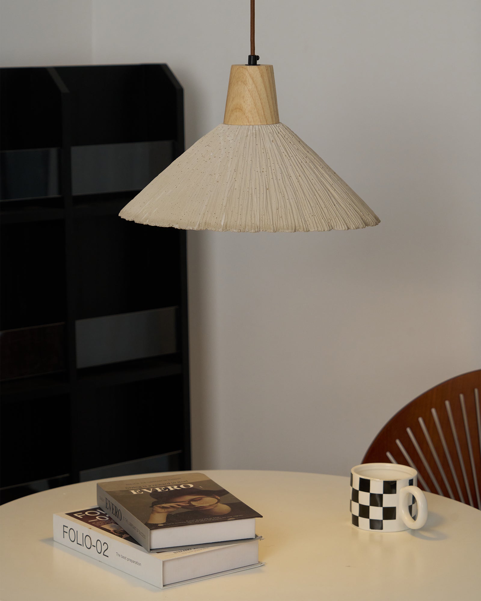 Pendant Lamp Wood Top Textured Cement Shade Grey Natural Japandi