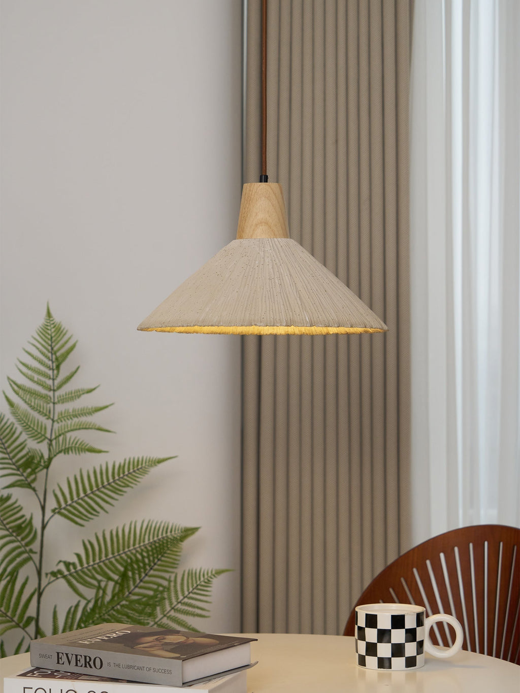 Pendant Lamp Wood Top Textured Cement Shade Grey Natural Japandi