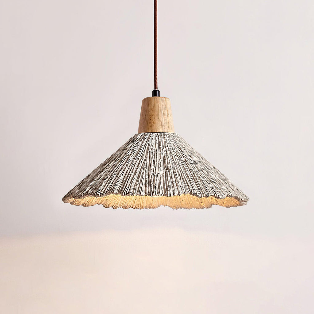 Pendant Lamp Wood Top Textured Cement Shade Grey Natural Japandi
