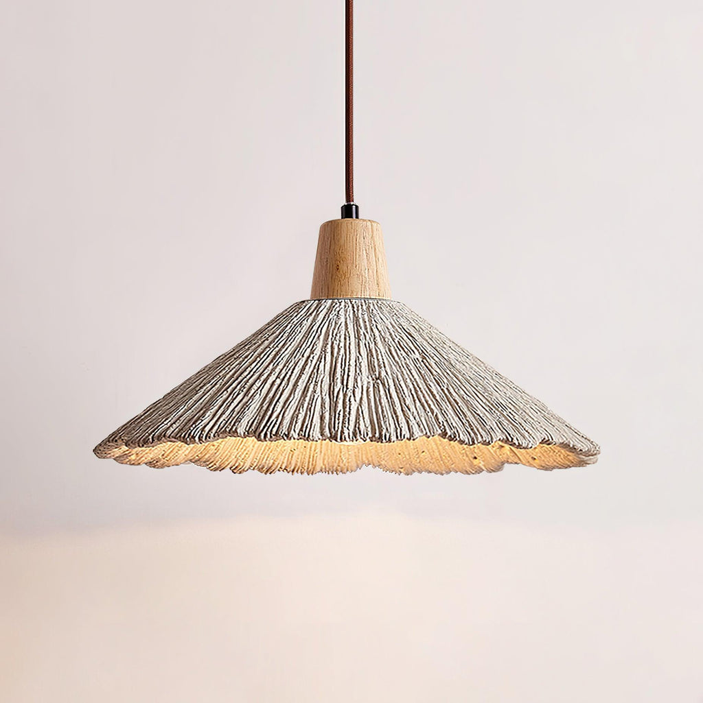 Pendant Lamp Wood Top Textured Cement Shade Grey Natural Japandi