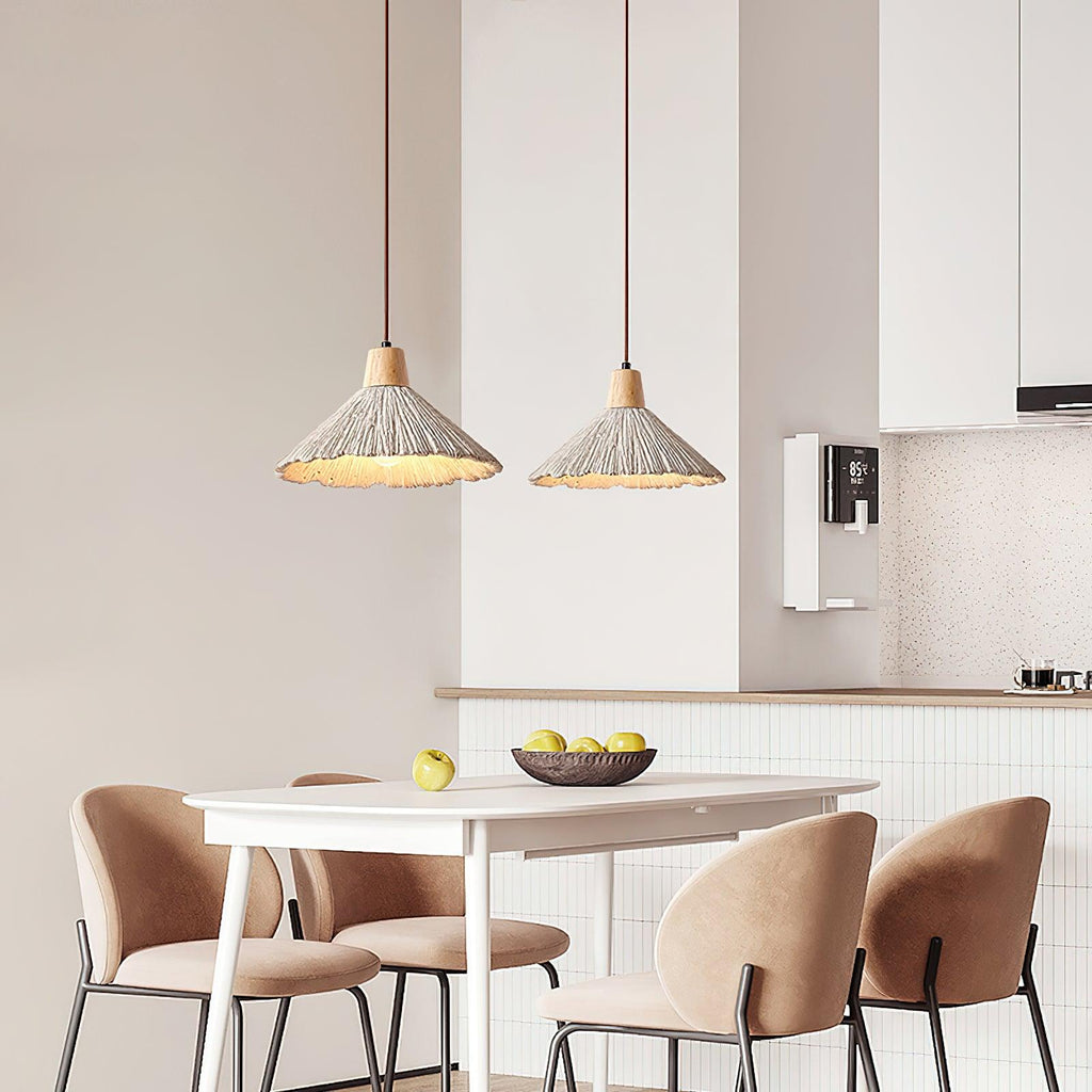Pendant Lamp Wood Top Textured Cement Shade Grey Natural Japandi