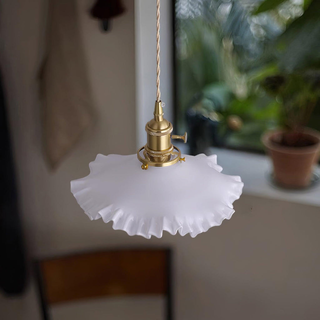 Pendant Lamp Glass Ruffle Shade Brass Warm Glow