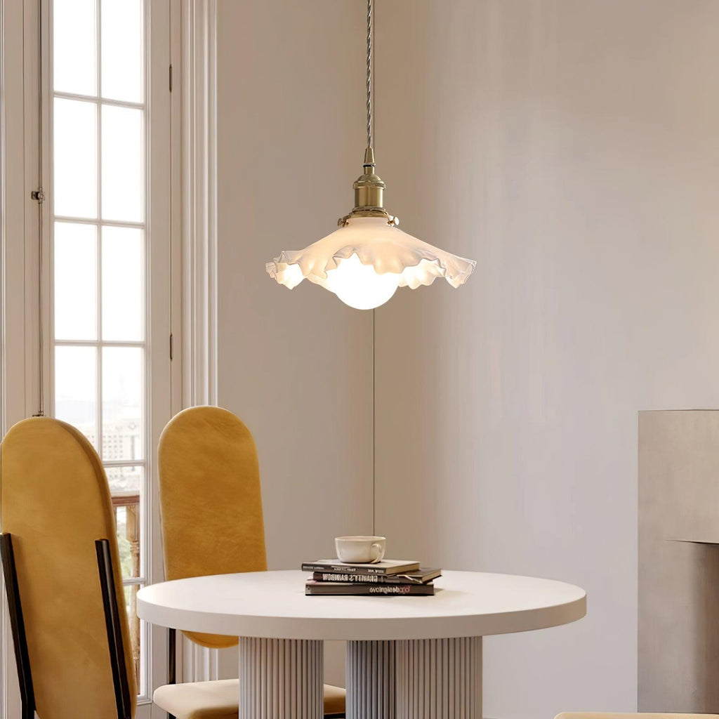 Pendant Lamp Glass Ruffle Shade Brass Warm Glow