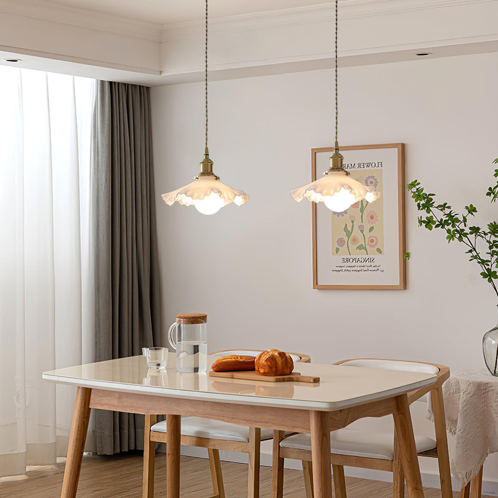 Pendant Lamp Glass Ruffle Shade Brass Warm Glow
