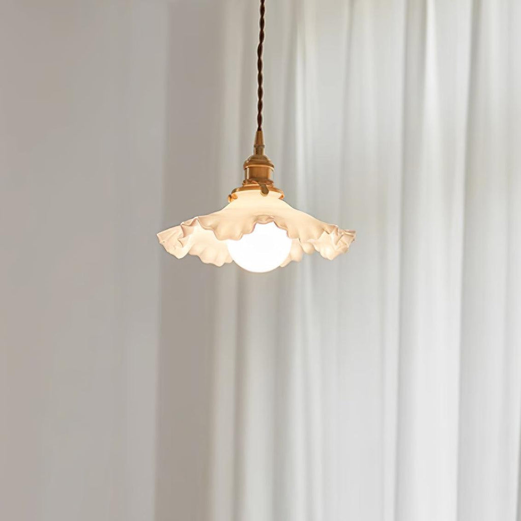 Pendant Lamp Glass Ruffle Shade Brass Warm Glow