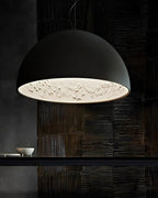 Pendant Lamp Black Dome with Embossed Plaster Interior Elegant