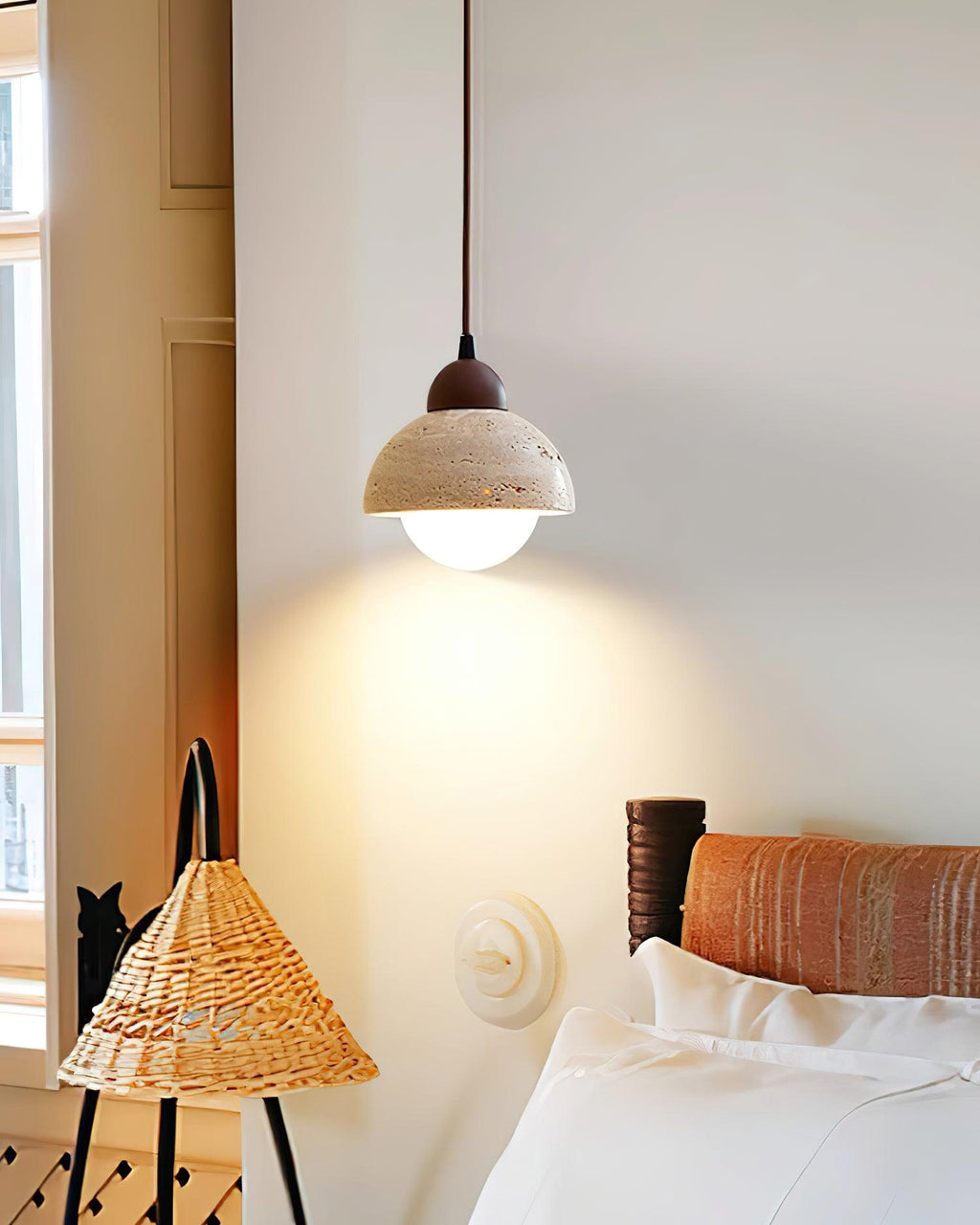 Pendant Lamp Wood Top Yellow Travertine Glass Shade White Beige Modern