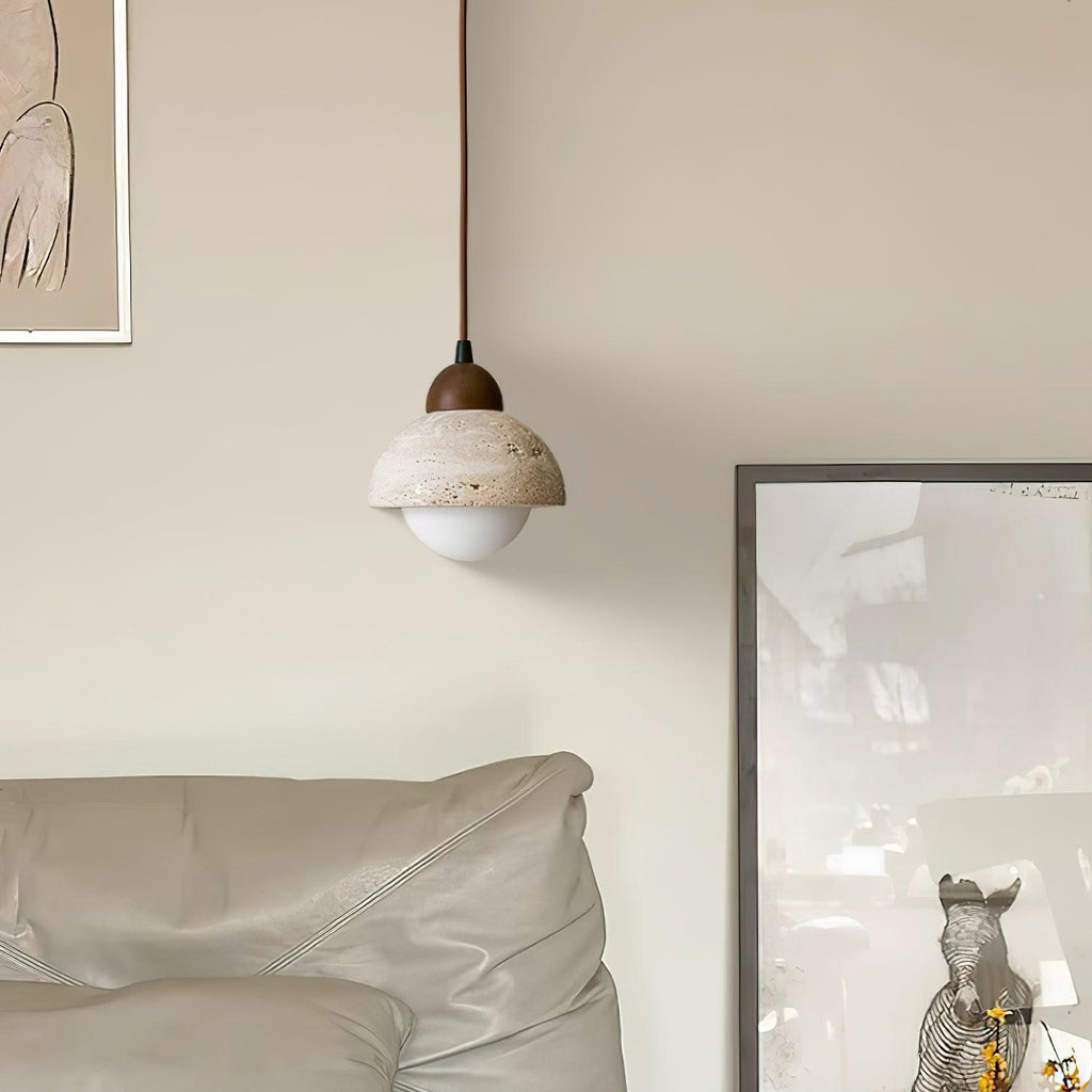Pendant Lamp Wood Top Yellow Travertine Glass Shade White Beige Modern