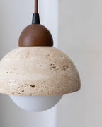 Pendant Lamp Wood Top Yellow Travertine Glass Shade White Beige Modern