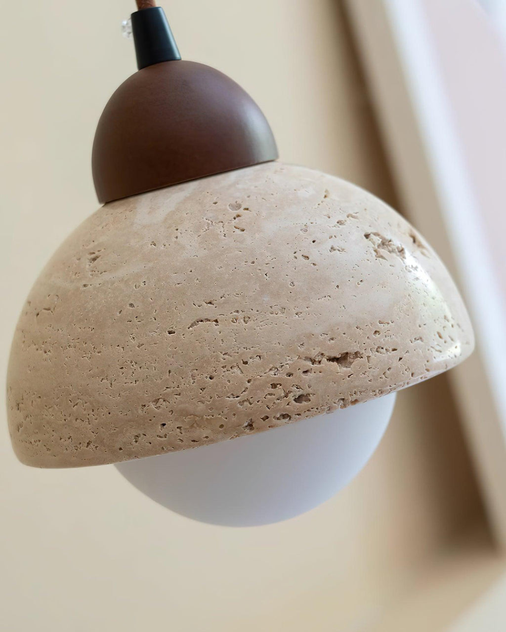 Pendant Lamp Wood Top Yellow Travertine Glass Shade White Beige Modern