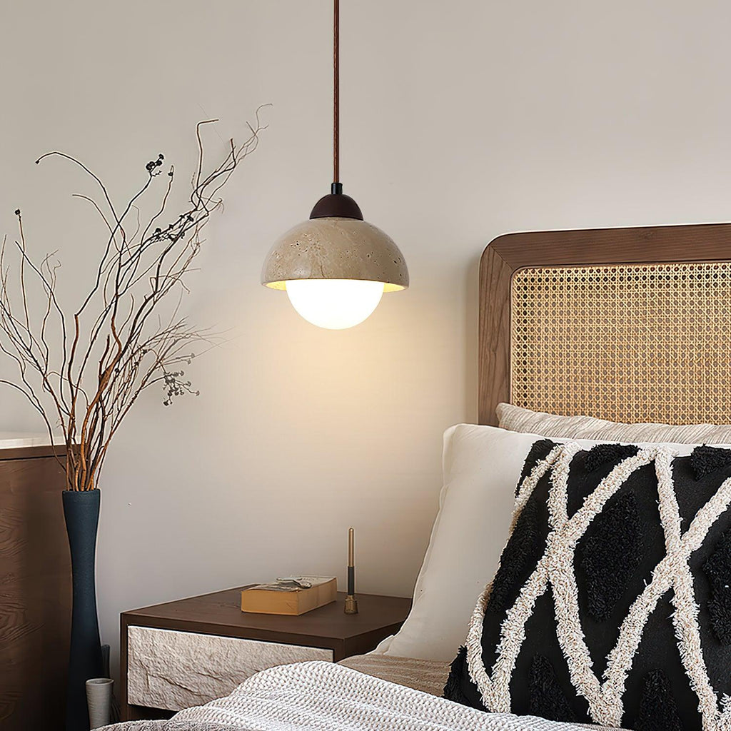 Pendant Lamp Wood Top Yellow Travertine Glass Shade White Beige Modern
