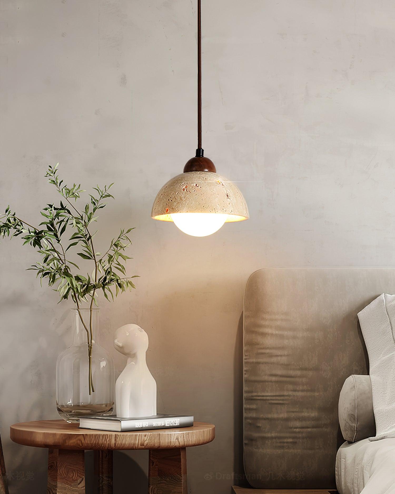 Pendant Lamp Wood Top Yellow Travertine Glass Shade White Beige Modern