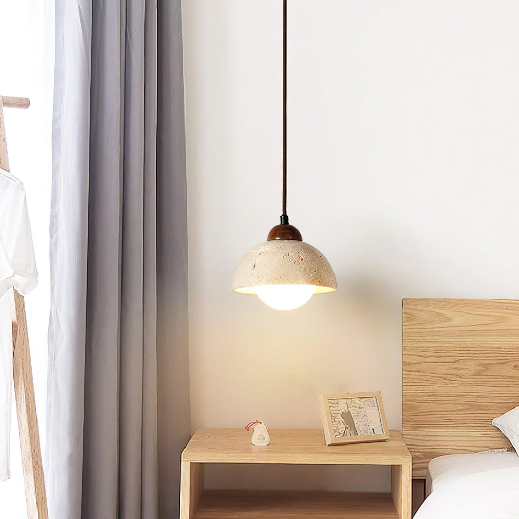 Pendant Lamp Wood Top Yellow Travertine Glass Shade White Beige Modern
