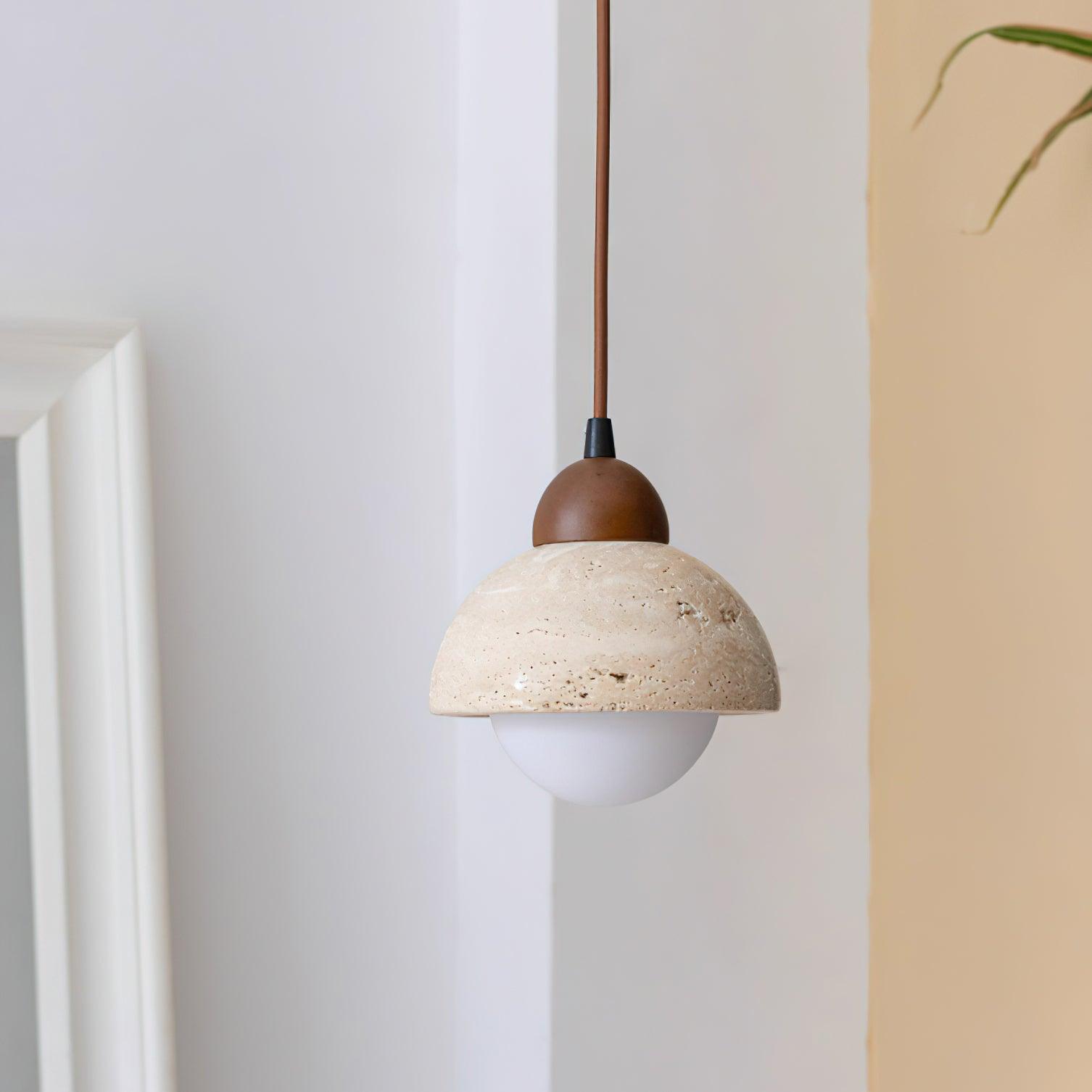 Pendant Lamp Wood Top Yellow Travertine Glass Shade White Beige Modern