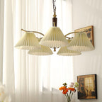 Chandelier Pleated Fabric Shades Walnut Brass Arms Warm Retro