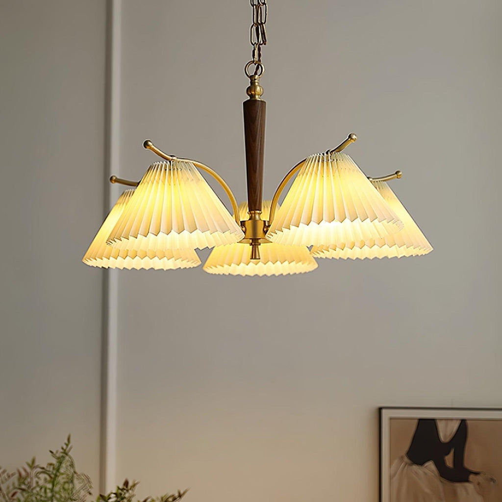 Chandelier Pleated Fabric Shades Walnut Brass Arms Warm Retro