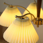 Chandelier Pleated Fabric Shades Walnut Brass Arms Warm Retro
