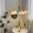 Chandelier Pleated Fabric Shades Walnut Brass Arms Warm Retro