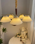 Chandelier Pleated Fabric Shades Walnut Brass Arms Warm Retro