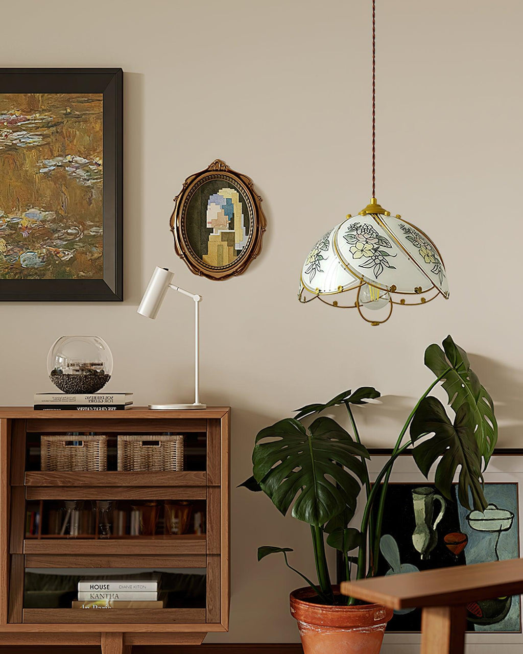 Pendant Lamp Glass Petal Shade Metal Frame Vintage