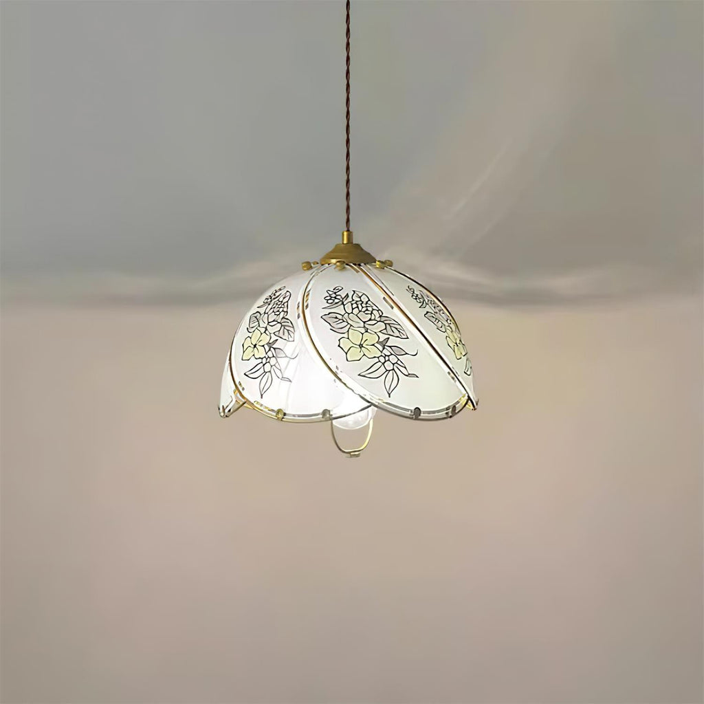Pendant Lamp Glass Petal Shade Metal Frame Vintage