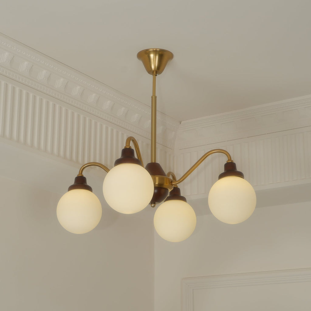 Chandelier Gold Arms&Ash Wood White Glass Globes Retro