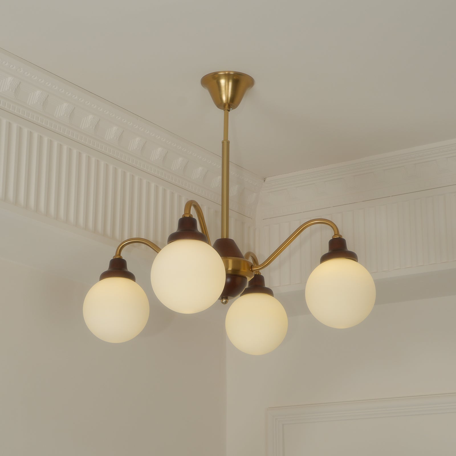 Chandelier Gold Arms&Ash Wood White Glass Globes Retro