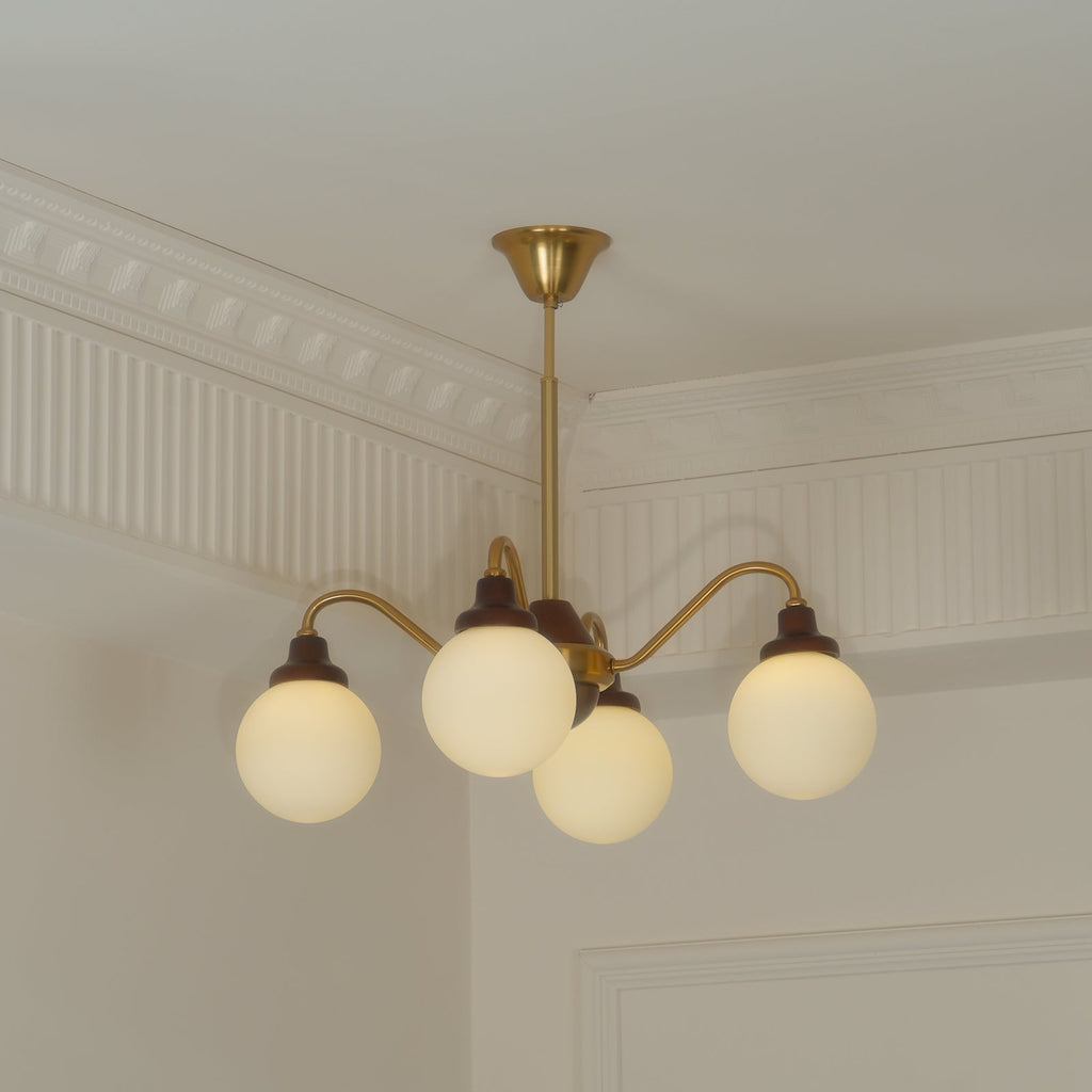 Chandelier Gold Arms&Ash Wood White Glass Globes Retro