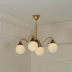 Chandelier Gold Arms&Ash Wood White Glass Globes Retro