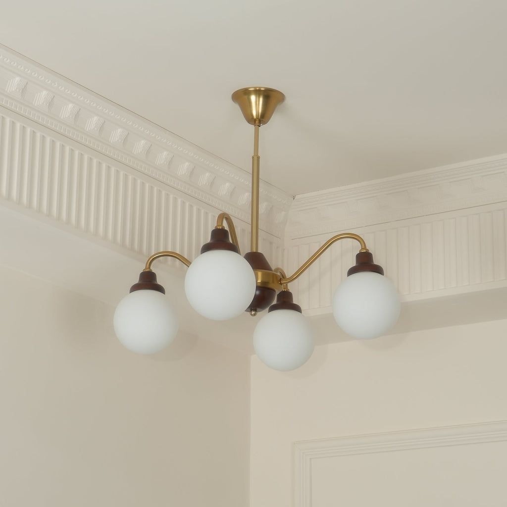 Chandelier Gold Arms&Ash Wood White Glass Globes Retro