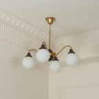 Chandelier Gold Arms&Ash Wood White Glass Globes Retro
