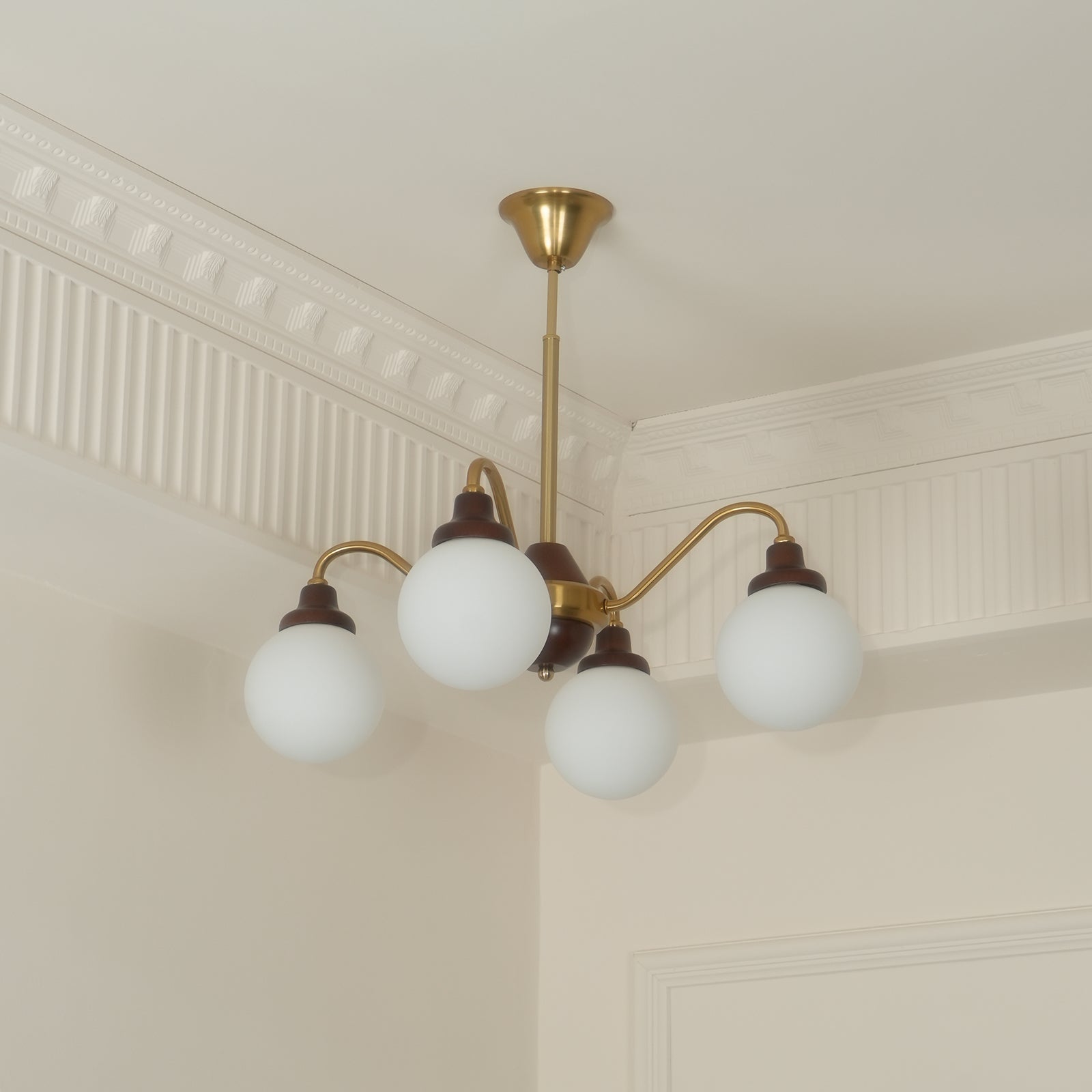 Chandelier Gold Arms&Ash Wood White Glass Globes Retro