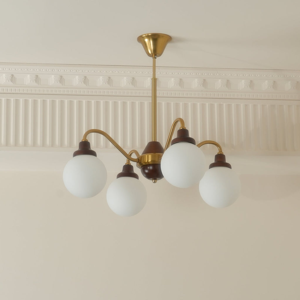 Chandelier Gold Arms&Ash Wood White Glass Globes Retro
