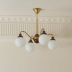 Chandelier Gold Arms&Ash Wood White Glass Globes Retro