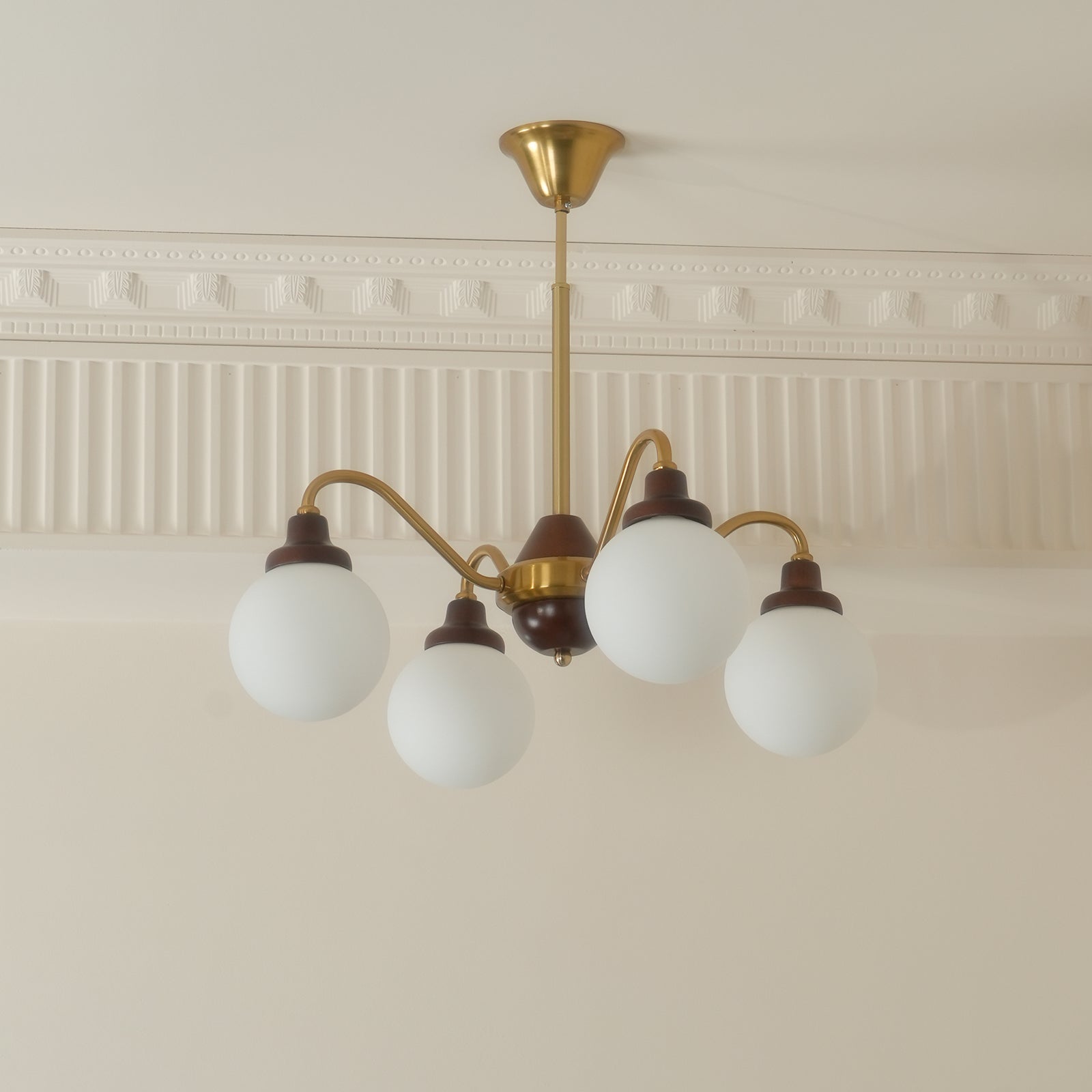 Chandelier Gold Arms&Ash Wood White Glass Globes Retro
