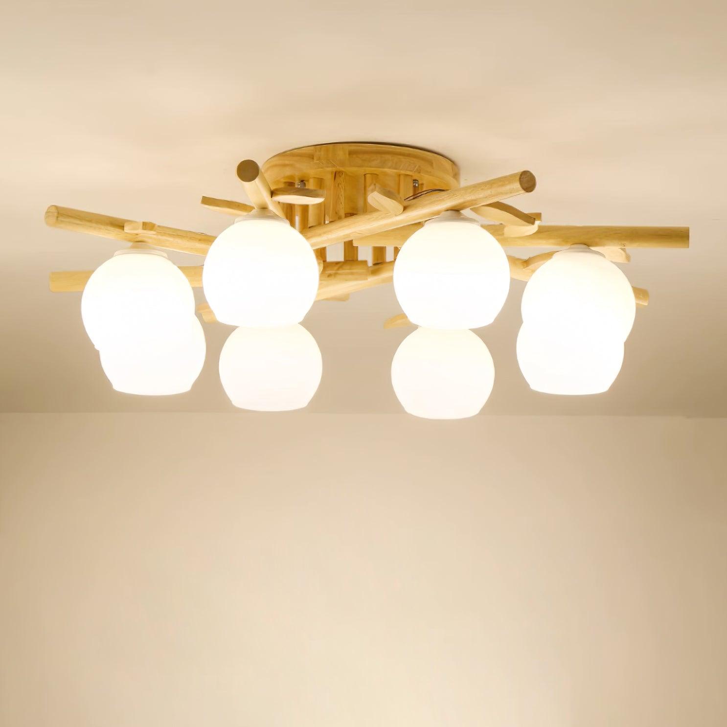 Ceiling Light Wood Body Glass Globes Organic Warm Minimalist