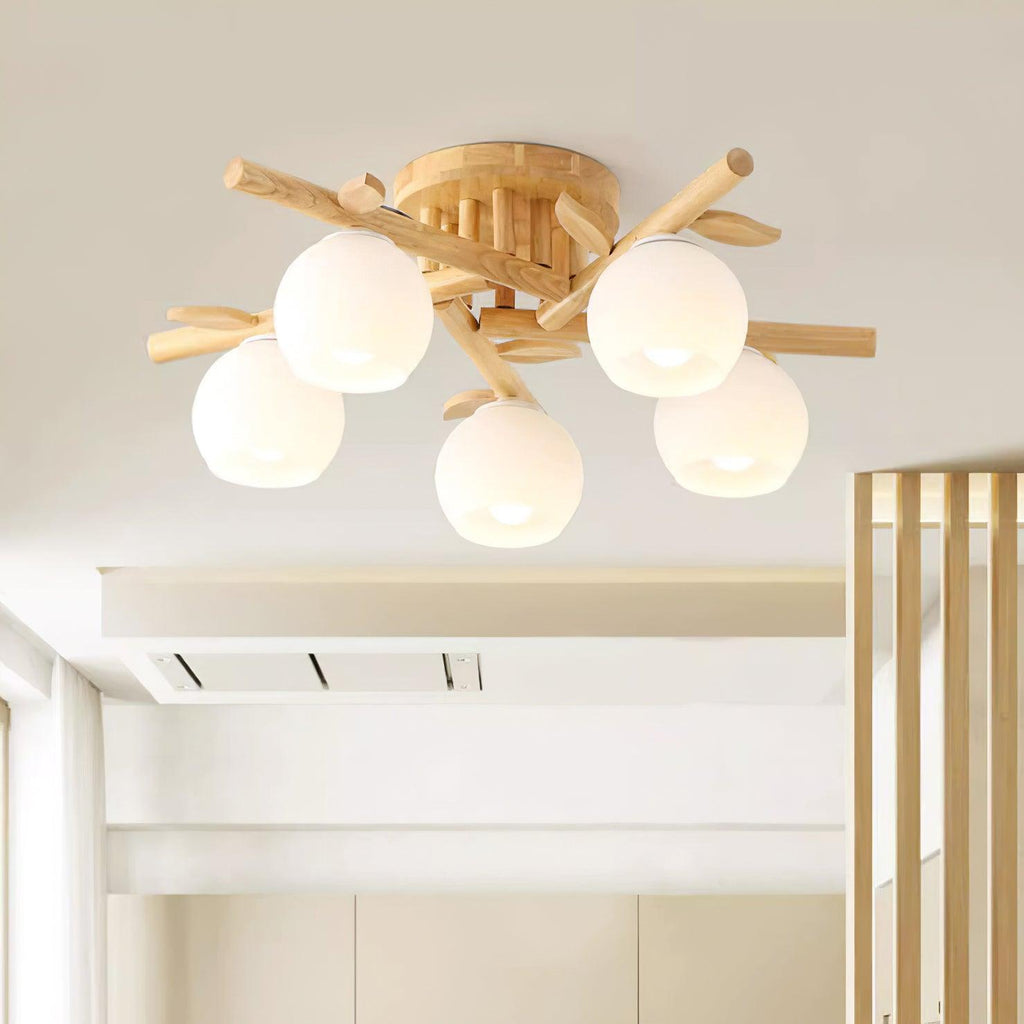 Ceiling Light Wood Body Glass Globes Organic Warm Minimalist
