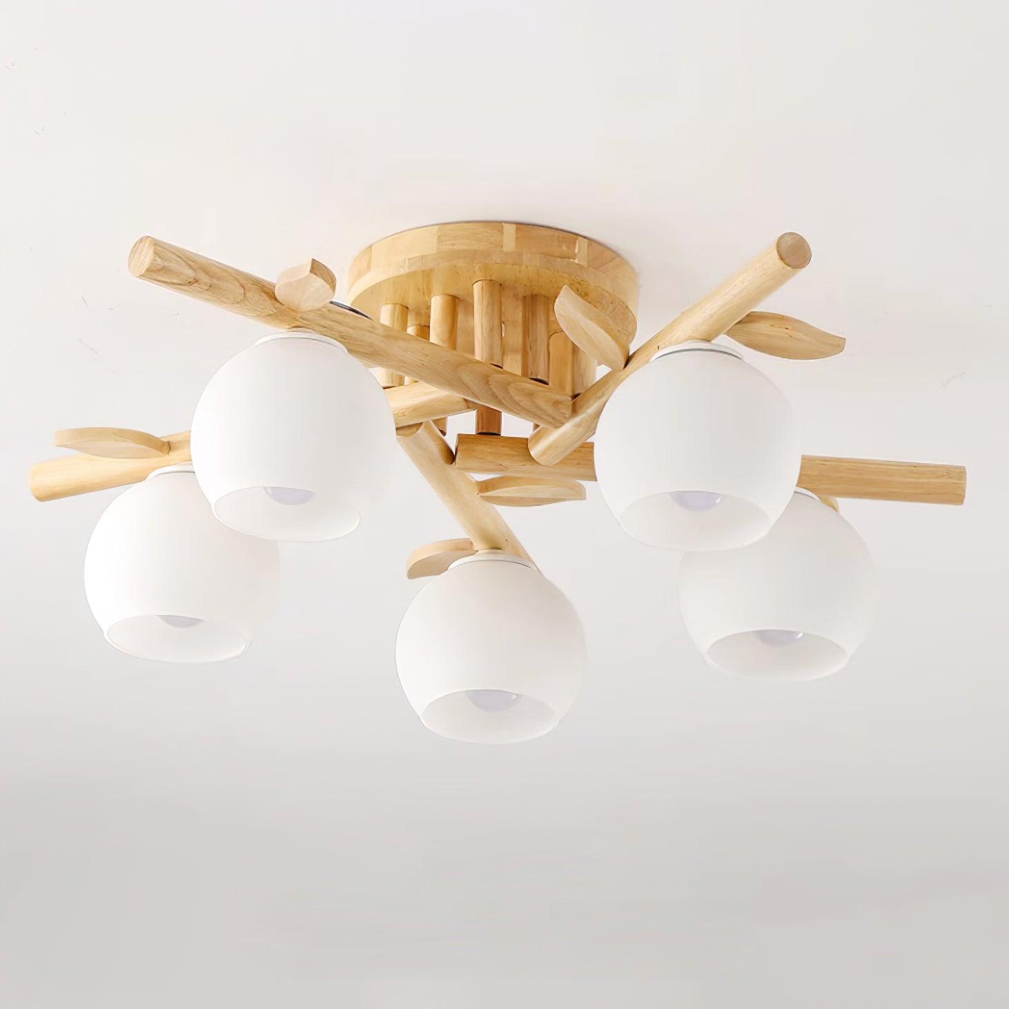 Ceiling Light Wood Body Glass Globes Organic Warm Minimalist