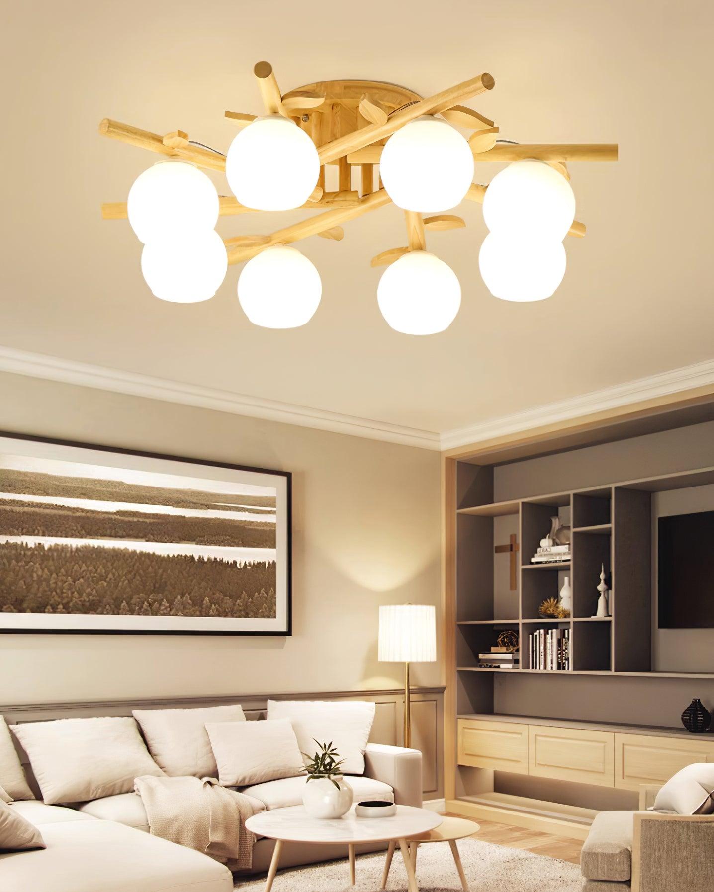 Ceiling Light Wood Body Glass Globes Organic Warm Minimalist
