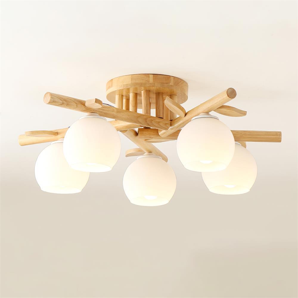 Ceiling Light Wood Body Glass Globes Organic Warm Minimalist