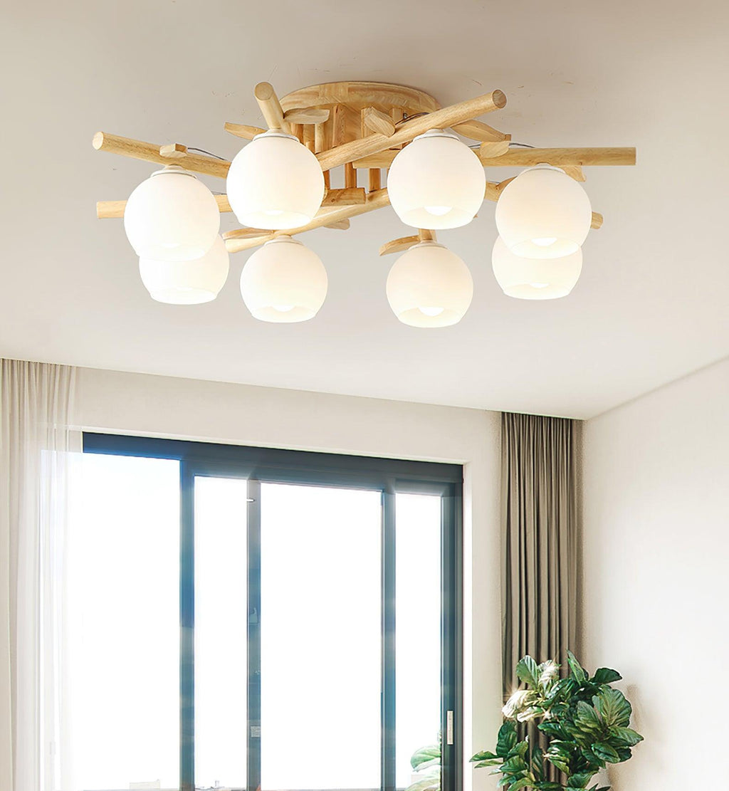 Ceiling Light Wood Body Glass Globes Organic Warm Minimalist